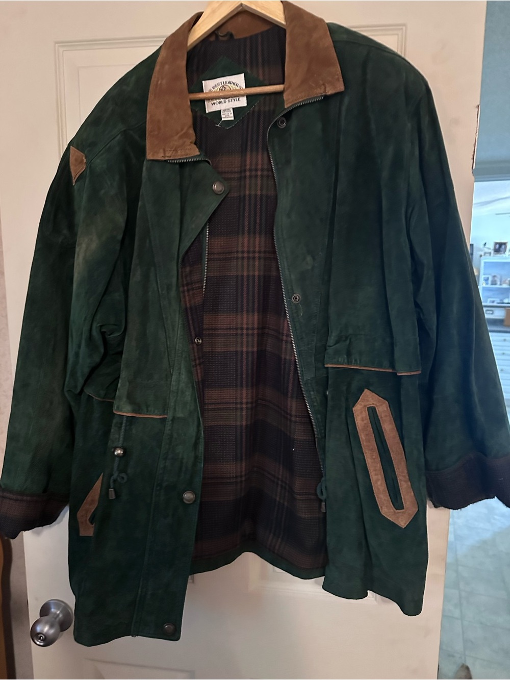 Vintage Men's Dark Green Suede Chore Coat with Brown Accents